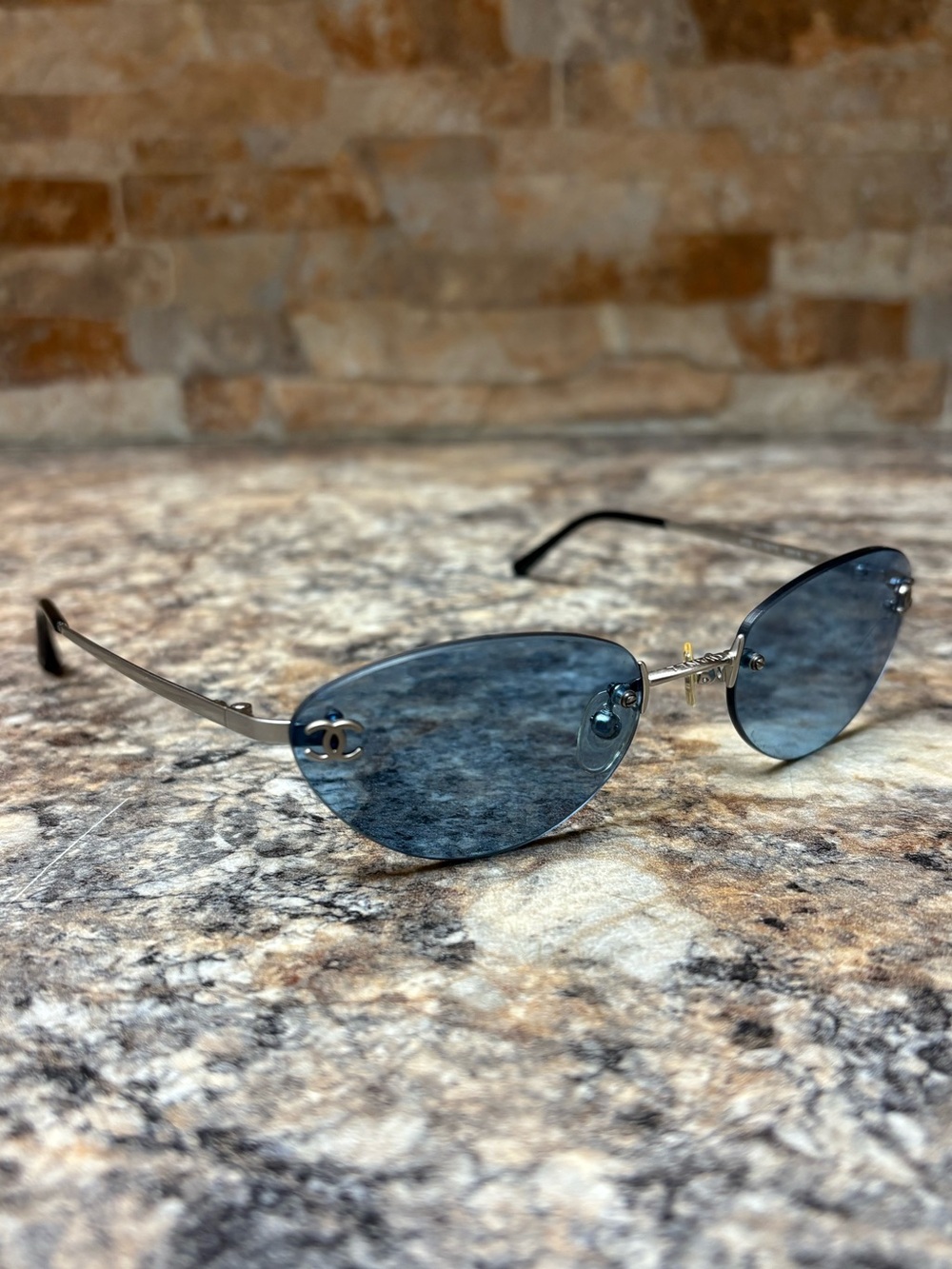 CHANEL 4003 C.103/72 Rimless Silver Blue Lens Titanium Frame Sunglasses